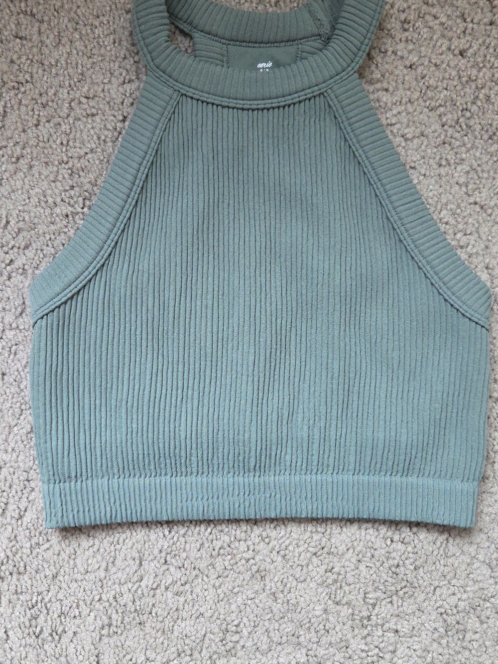 Aerie Superchill Ribbed High Neck Bra Crop Top Green Olive Sage